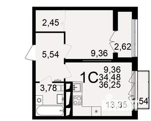 1-к квартира, строящийся дом, 34м2, 9/18 этаж