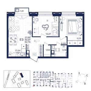 2-к квартира, строящийся дом, 53м2, 2/15 этаж