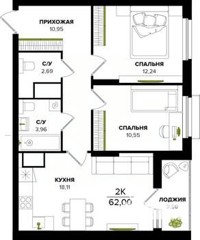 2-к квартира, вторичка, 62м2, 25/25 этаж