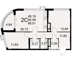 2-к квартира, строящийся дом, 68м2, 1/16 этаж