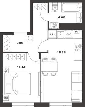 1-к квартира, вторичка, 43м2, 1/4 этаж