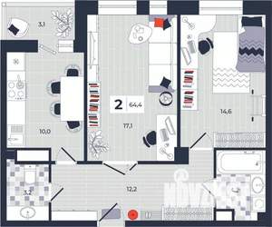 2-к квартира, строящийся дом, 64м2, 14/14 этаж