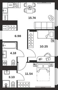 2-к квартира, вторичка, 52м2, 8/15 этаж