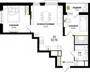 2-к квартира, строящийся дом, 62м2, 14/25 этаж