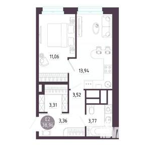 1-к квартира, строящийся дом, 39м2, 9/10 этаж