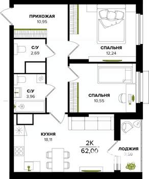 2-к квартира, вторичка, 62м2, 2/25 этаж