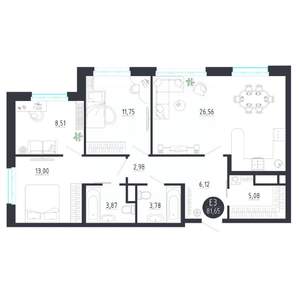 2-к квартира, строящийся дом, 82м2, 3/8 этаж