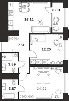 2-к квартира, вторичка, 64м2, 1/10 этаж