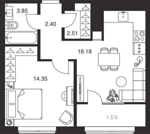 1-к квартира, вторичка, 46м2, 9/25 этаж