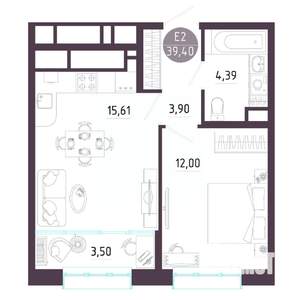 1-к квартира, строящийся дом, 39м2, 5/10 этаж