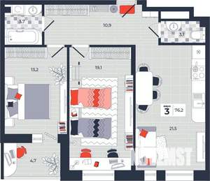 3-к квартира, строящийся дом, 76м2, 2/14 этаж