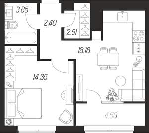 1-к квартира, вторичка, 46м2, 13/25 этаж