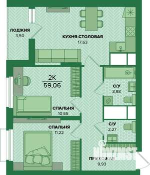 2-к квартира, вторичка, 59м2, 22/25 этаж
