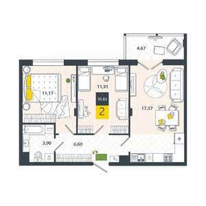 2-к квартира, вторичка, 56м2, 1/8 этаж