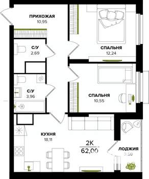 2-к квартира, вторичка, 62м2, 23/25 этаж