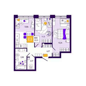 2-к квартира, вторичка, 55м2, 1/12 этаж