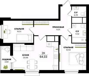 2-к квартира, строящийся дом, 65м2, 20/25 этаж