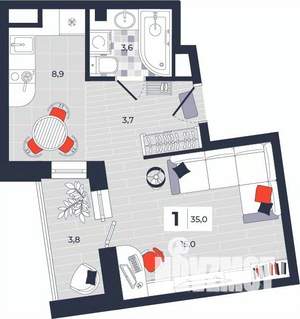 1-к квартира, строящийся дом, 35м2, 8/14 этаж