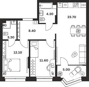 3-к квартира, строящийся дом, 68м2, 5/24 этаж