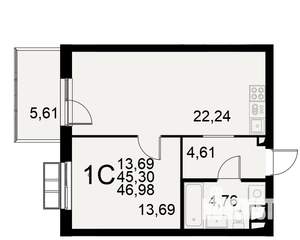 1-к квартира, строящийся дом, 45м2, 6/11 этаж