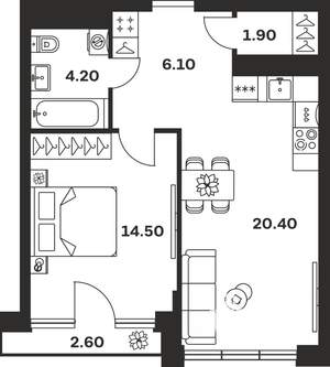 1-к квартира, вторичка, 50м2, 8/9 этаж