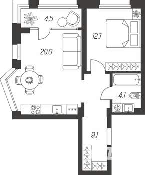 1-к квартира, строящийся дом, 50м2, 3/24 этаж