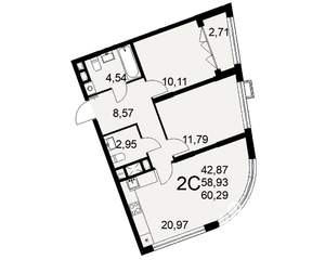 2-к квартира, строящийся дом, 60м2, 1/16 этаж