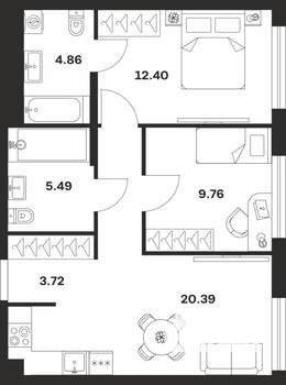 2-к квартира, строящийся дом, 57м2, 1/25 этаж