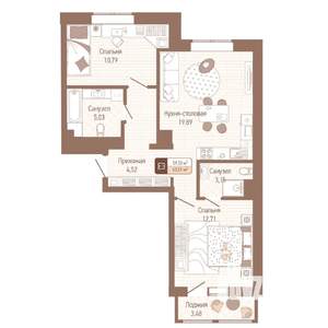 2-к квартира, строящийся дом, 61м2, 3/14 этаж
