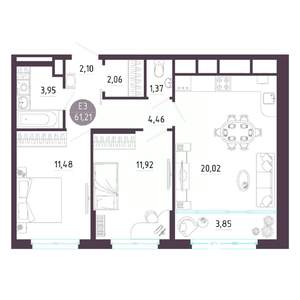2-к квартира, строящийся дом, 61м2, 3/10 этаж