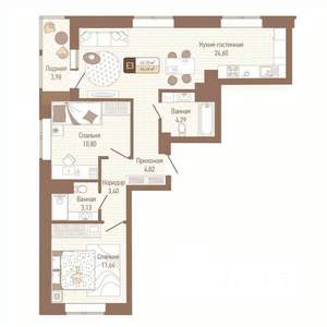 2-к квартира, строящийся дом, 65м2, 2/14 этаж