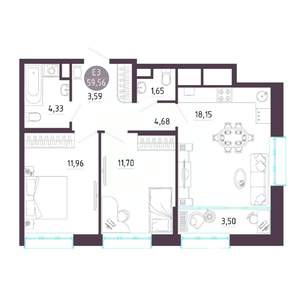 2-к квартира, строящийся дом, 60м2, 7/10 этаж
