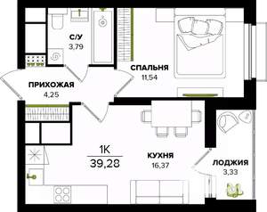 1-к квартира, строящийся дом, 39м2, 22/25 этаж