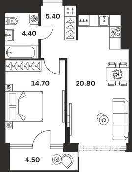 1-к квартира, вторичка, 50м2, 3/9 этаж