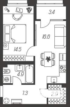 1-к квартира, строящийся дом, 50м2, 4/24 этаж