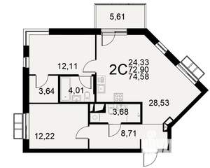 2-к квартира, строящийся дом, 73м2, 5/11 этаж