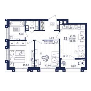 2-к квартира, строящийся дом, 52м2, 6/15 этаж