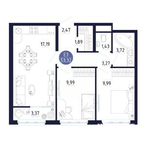 2-к квартира, строящийся дом, 53м2, 6/25 этаж