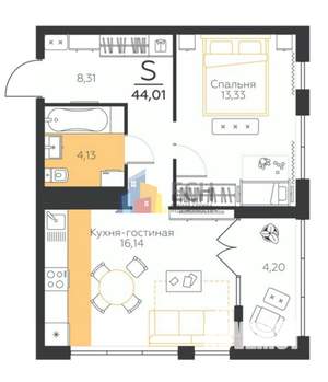 1-к квартира, вторичка, 44м2, 3/5 этаж