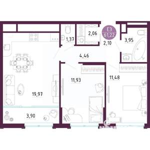 2-к квартира, вторичка, 61м2, 4/10 этаж