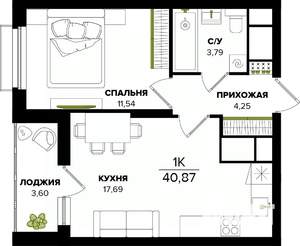1-к квартира, строящийся дом, 41м2, 6/25 этаж