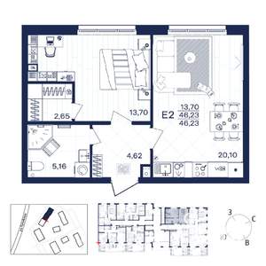 1-к квартира, строящийся дом, 46м2, 1/15 этаж