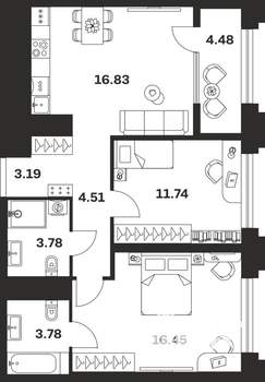 2-к квартира, вторичка, 65м2, 5/10 этаж