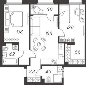 3-к квартира, строящийся дом, 70м2, 13/24 этаж