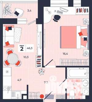 2-к квартира, строящийся дом, 46м2, 2/14 этаж
