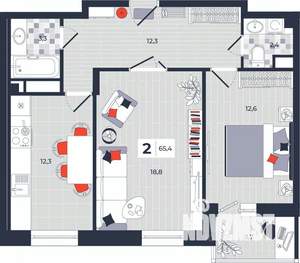 2-к квартира, строящийся дом, 65м2, 13/14 этаж