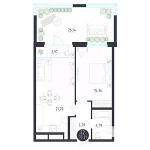 1-к квартира, строящийся дом, 75м2, 1/8 этаж