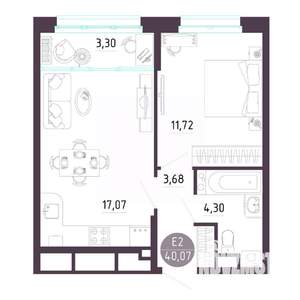 1-к квартира, строящийся дом, 40м2, 8/10 этаж