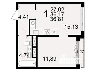 1-к квартира, строящийся дом, 36м2, 2/25 этаж