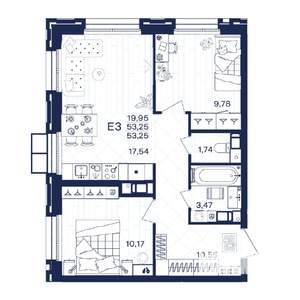 2-к квартира, строящийся дом, 53м2, 4/15 этаж